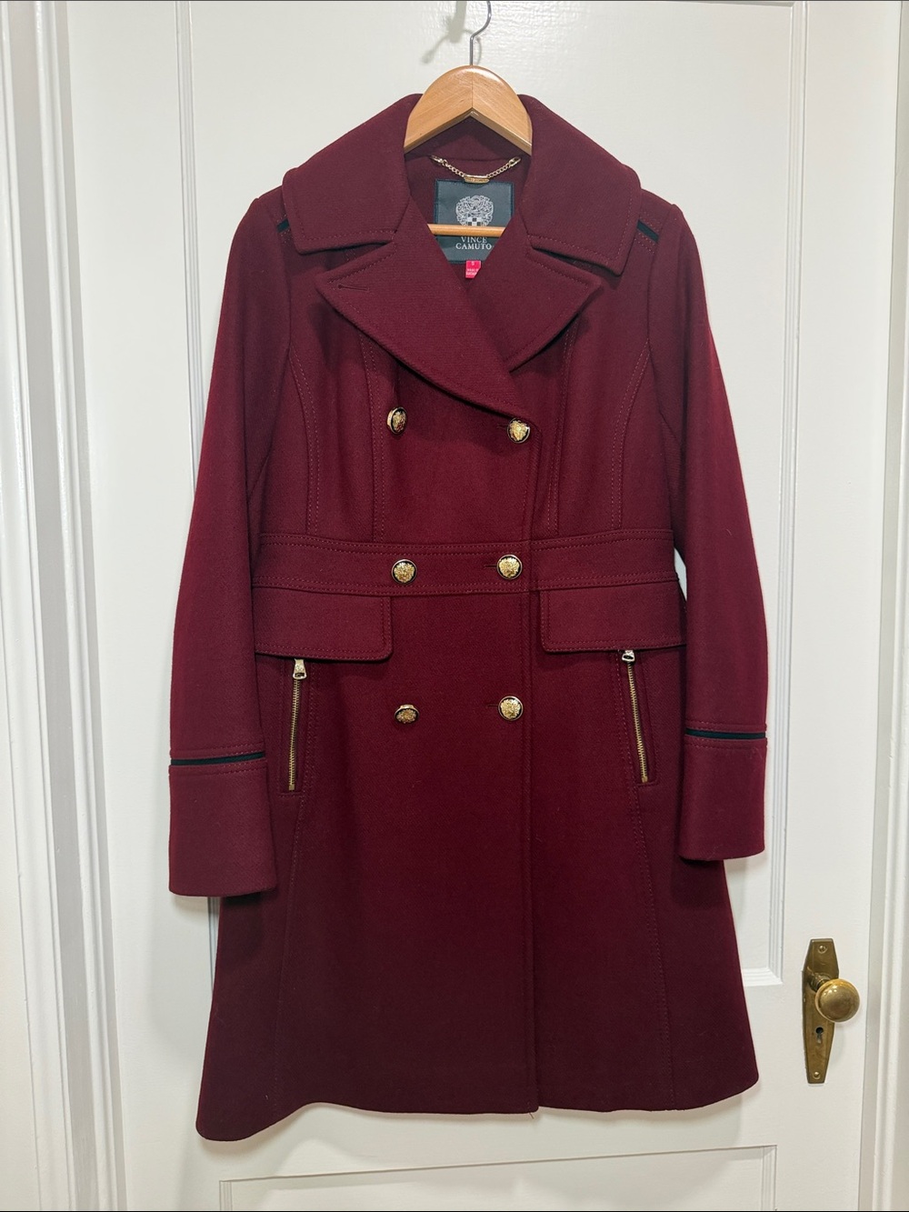 Vince Camuto Burgundy Double-Breasted Pea Coat with Gold Buttons